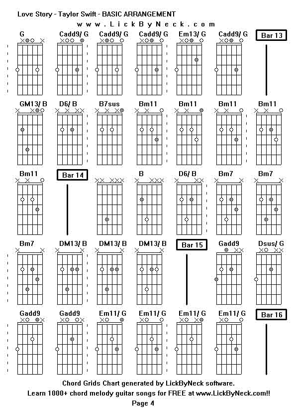 Chord Grids Chart of chord melody fingerstyle guitar song-Love Story - Taylor Swift - BASIC ARRANGEMENT,generated by LickByNeck software.